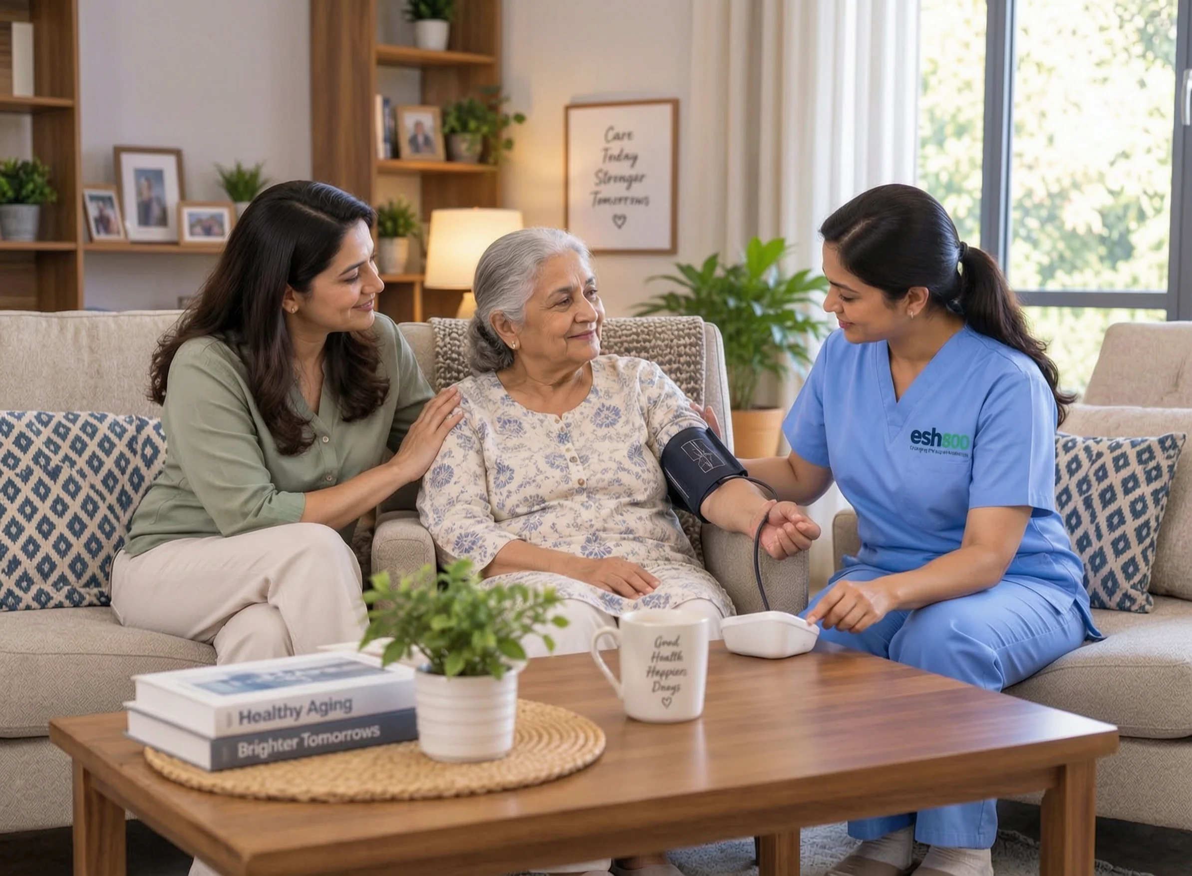 ESH800 nurse checking an elderly patient’s blood pressure at home
