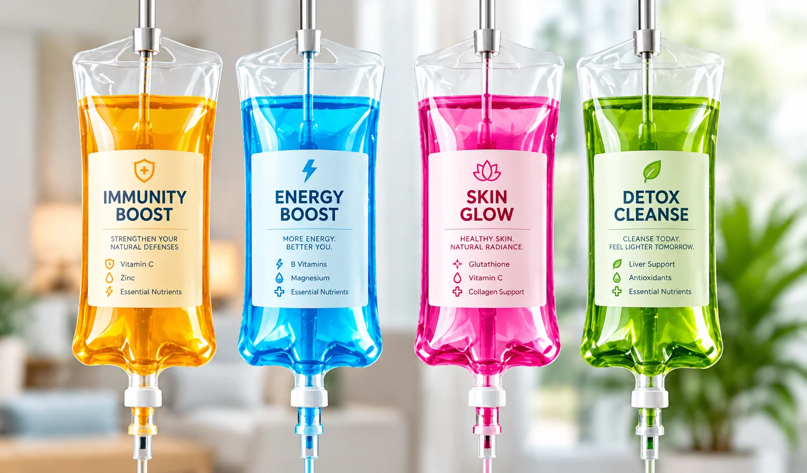 Immunity Boost, Energy Boost, Skin Glow and Detox Cleanse IV drip bags