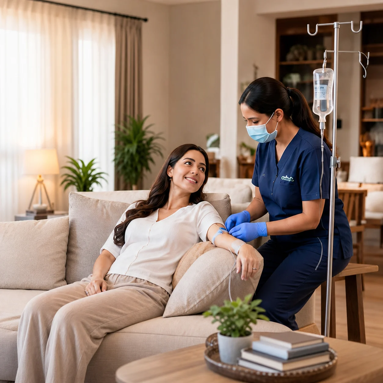 ESH800 nurse giving an IV drip to a patient at home in Dubai