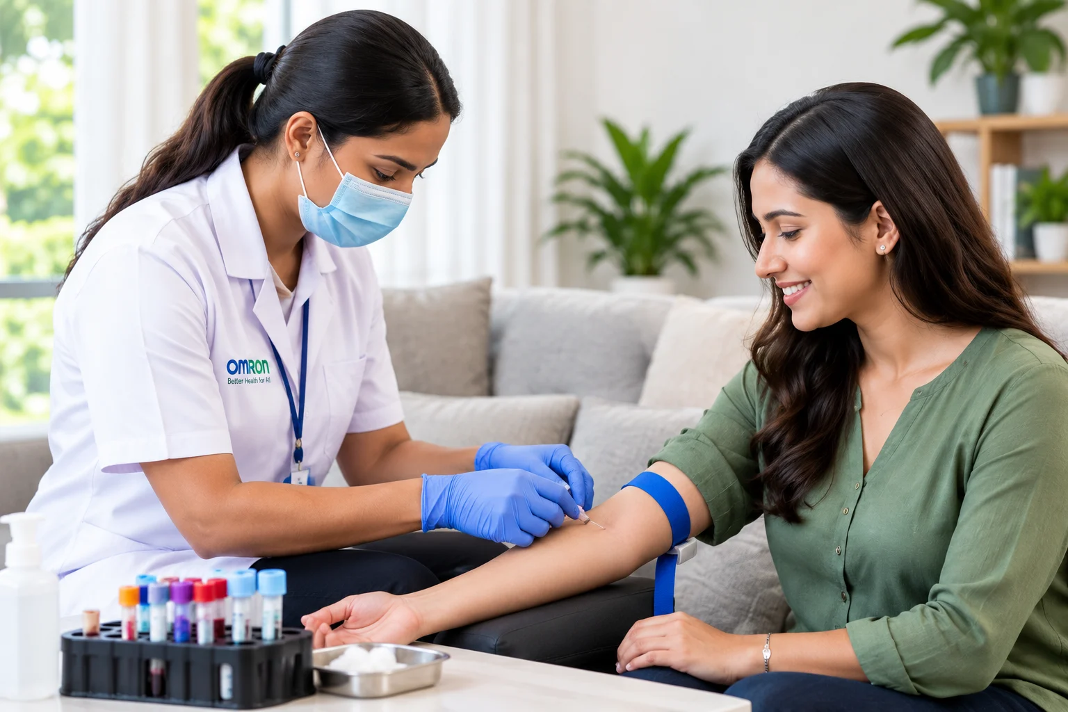 ESH800 phlebotomist collecting a blood sample from a patient at home in Dubai