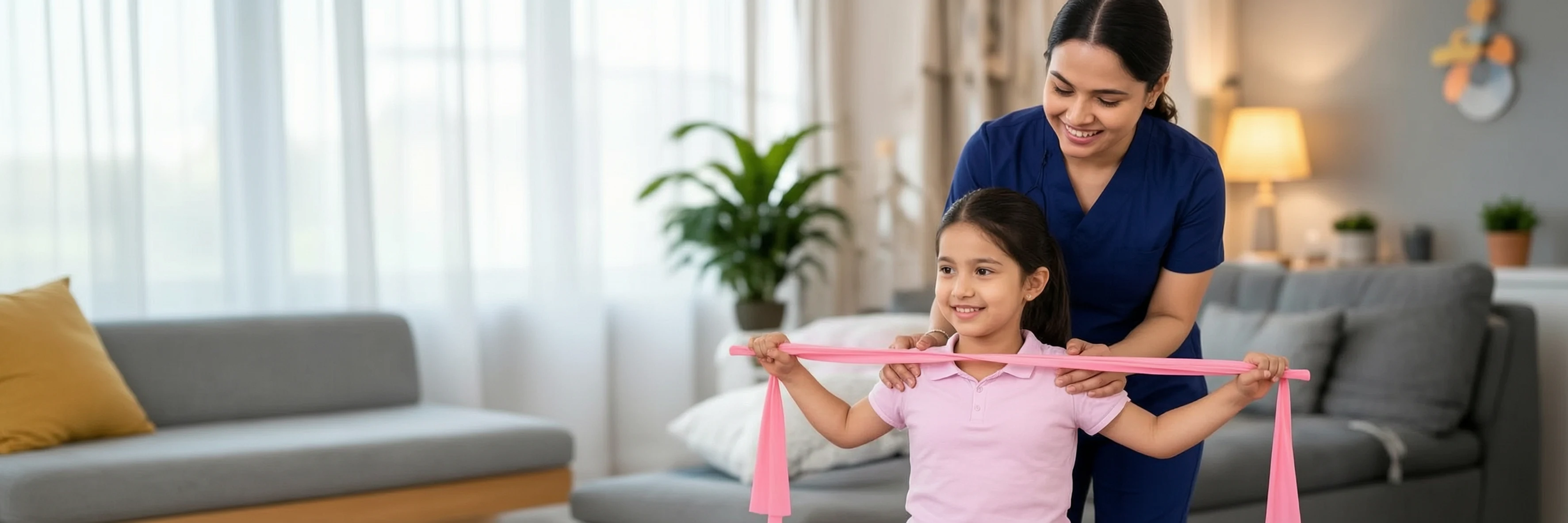 Physiotherapist helping a child with a resistance band exercise