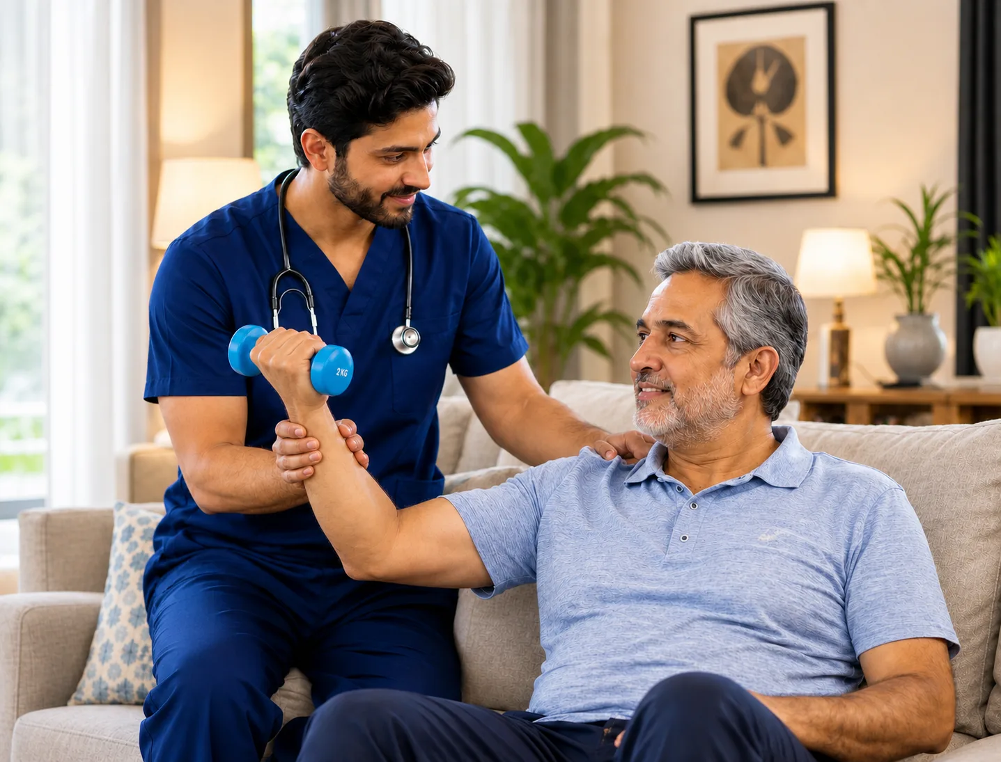 ESH800 physiotherapist guiding a patient through a dumbbell exercise at home in Dubai
