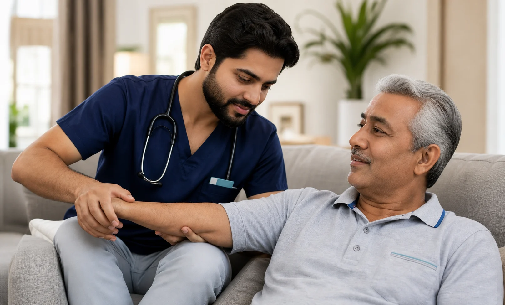 Physiotherapist helping a patient recover after surgery at home