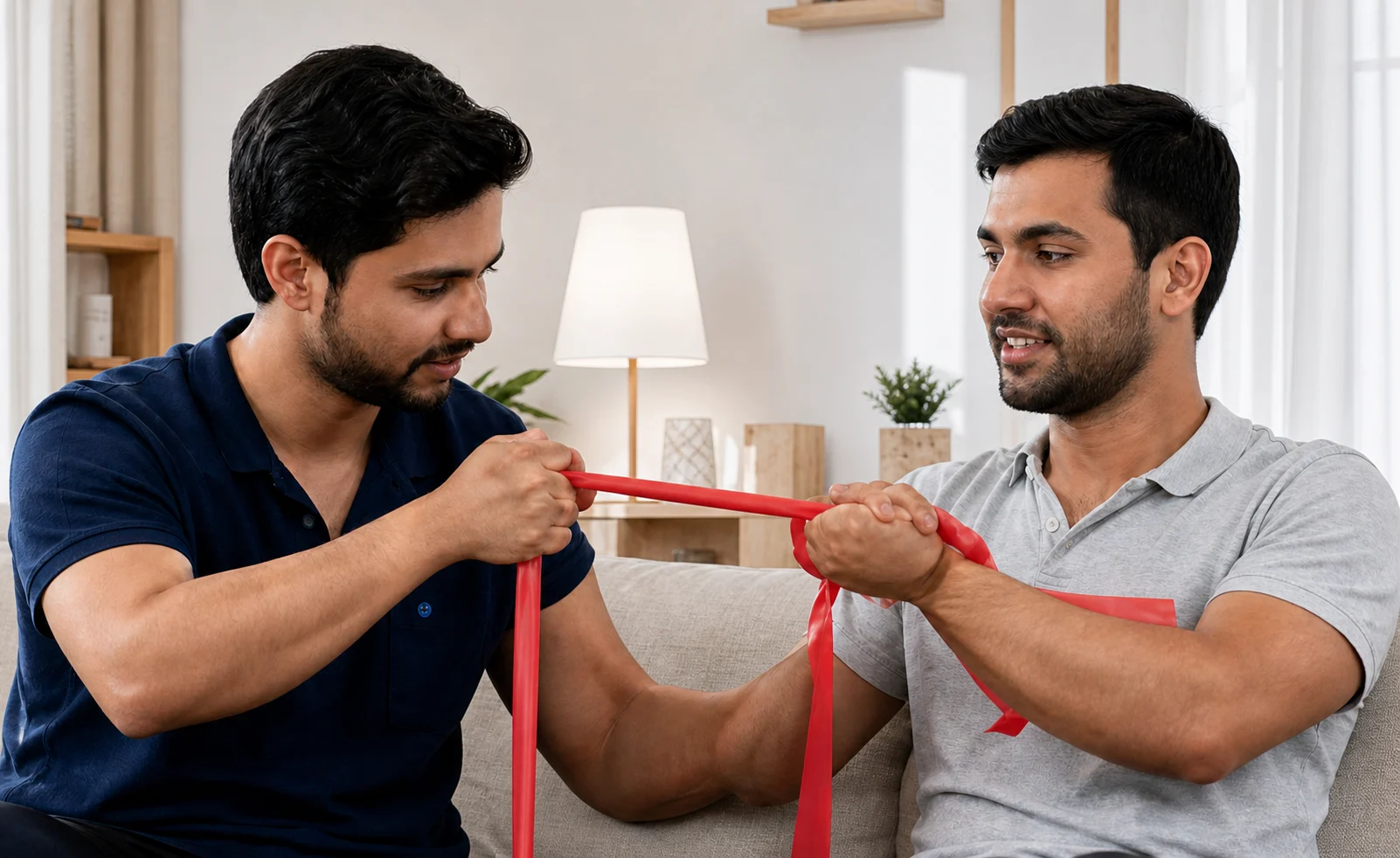 Physiotherapist guiding resistance band exercises