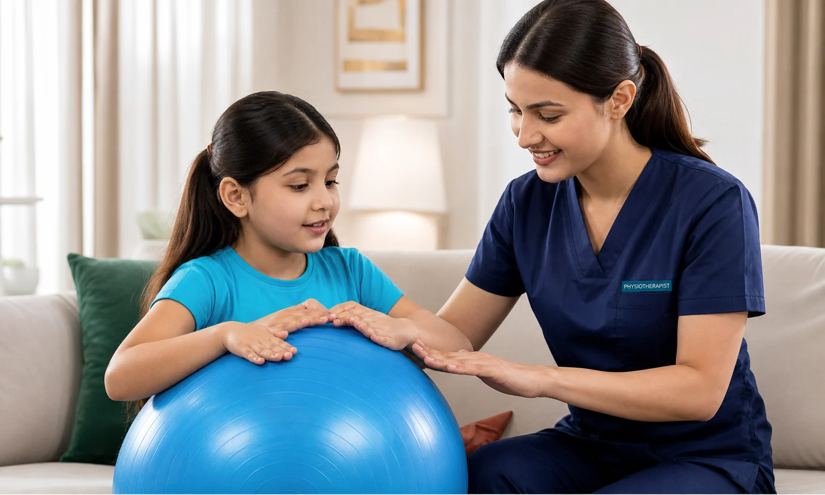 Physiotherapist working with a child on a therapy ball