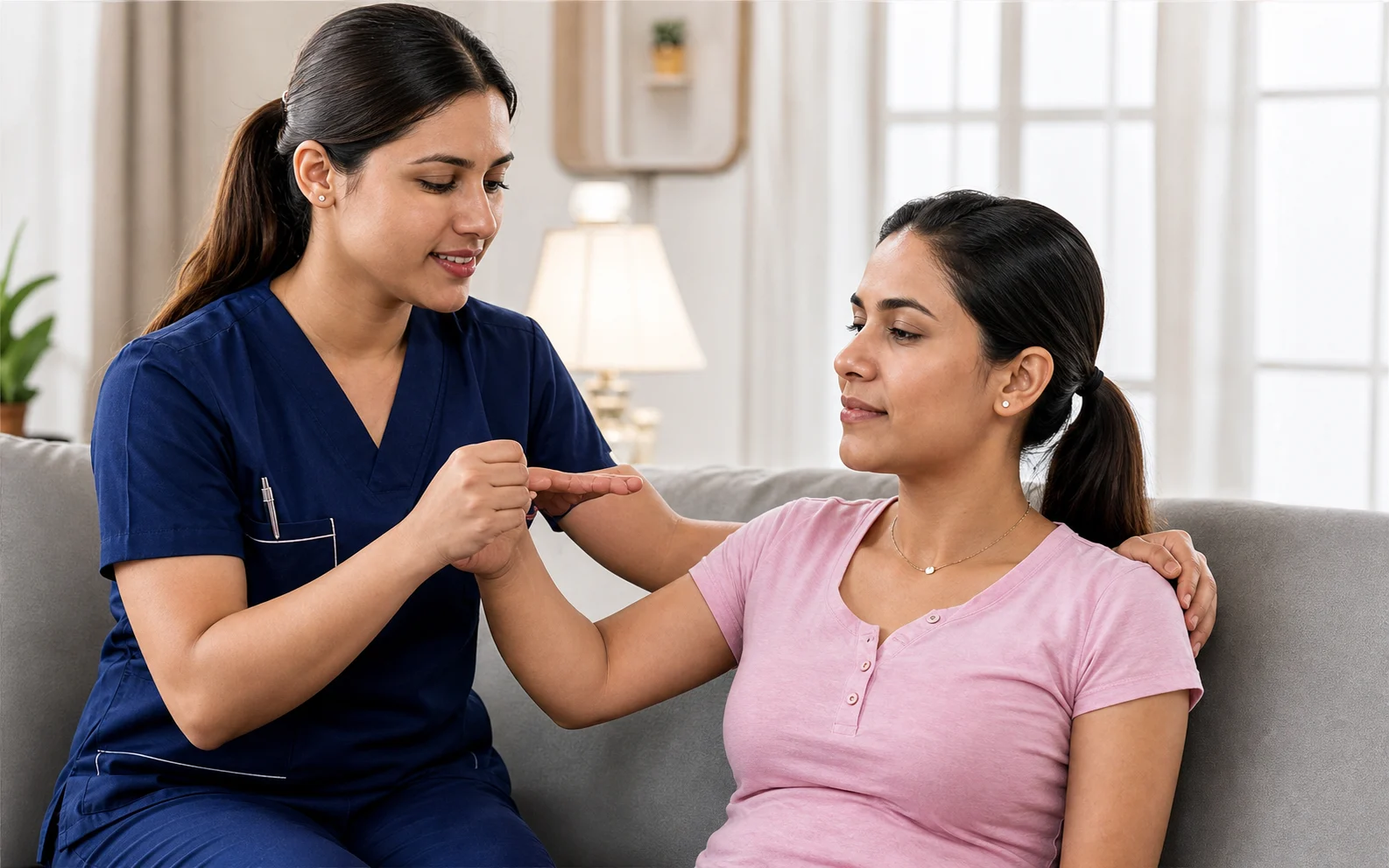 Physiotherapist guiding breathing exercises
