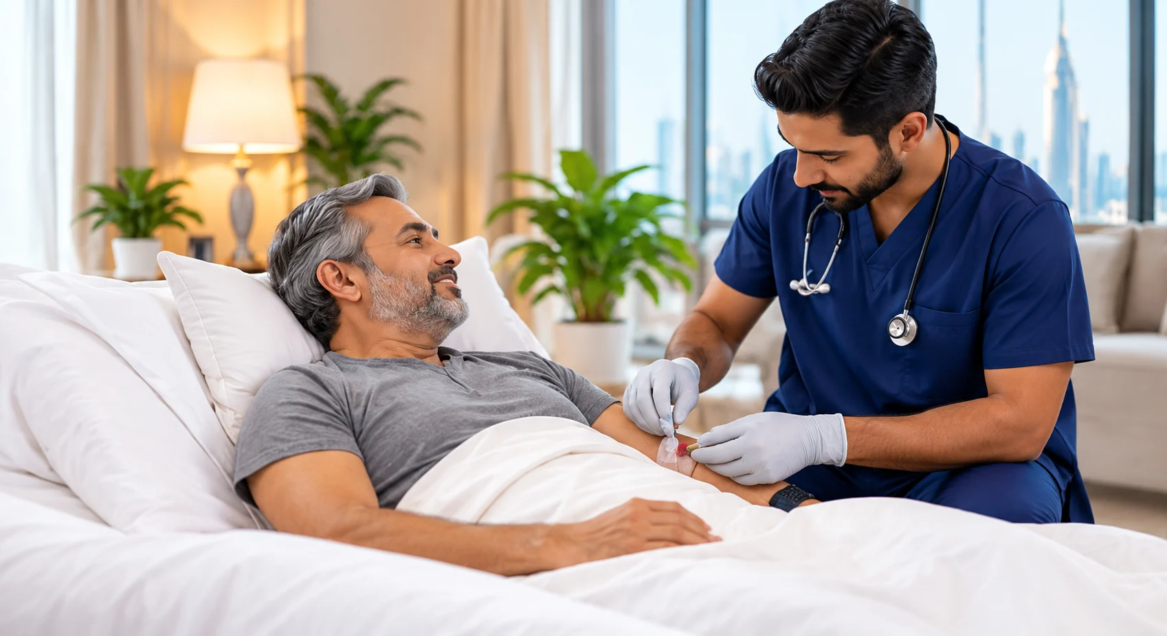 ESH800 nurse changing a wound dressing for a patient recovering comfortably at home in Dubai