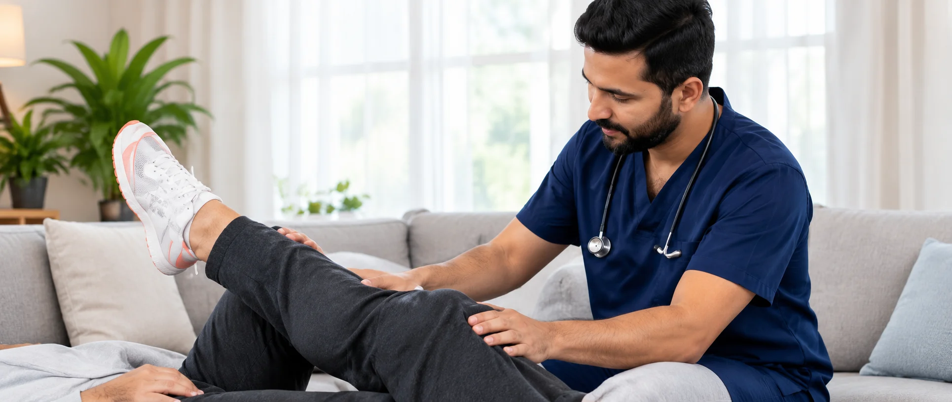 Physiotherapist treating a patient’s leg at home