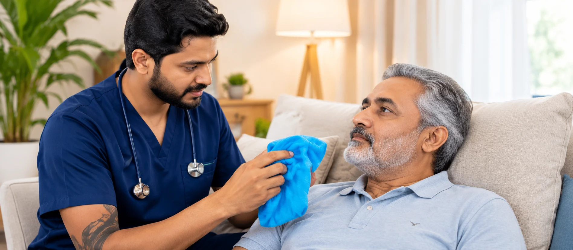 Nurse supporting breathing exercises at home