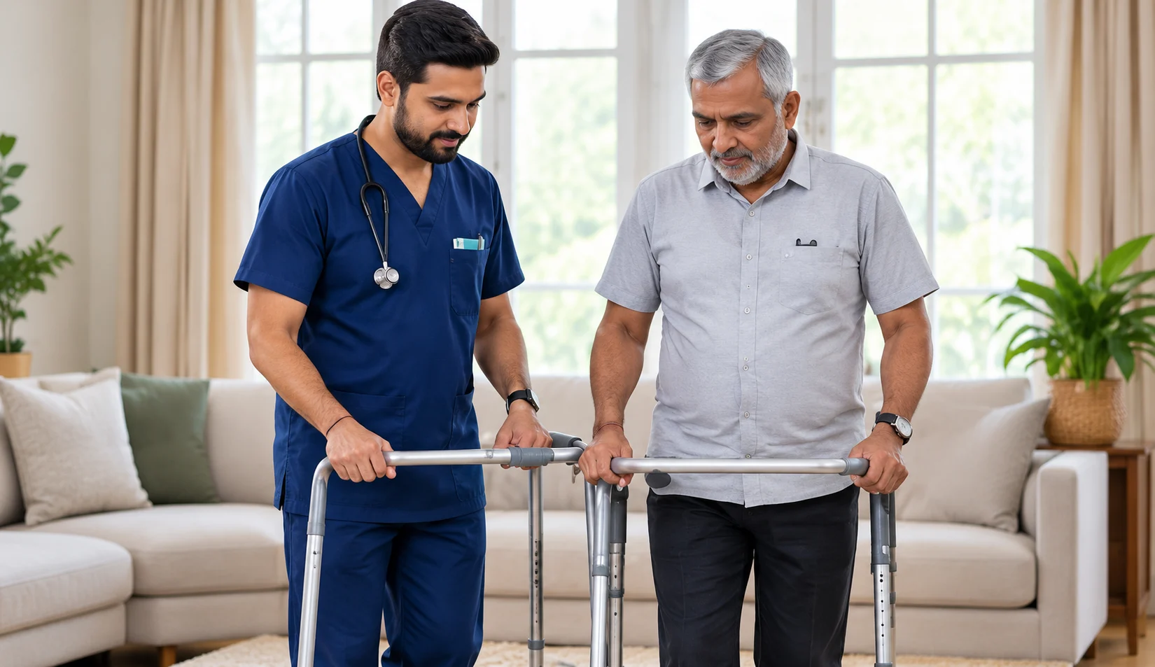 Nurse helping a patient walk with a frame during early recovery