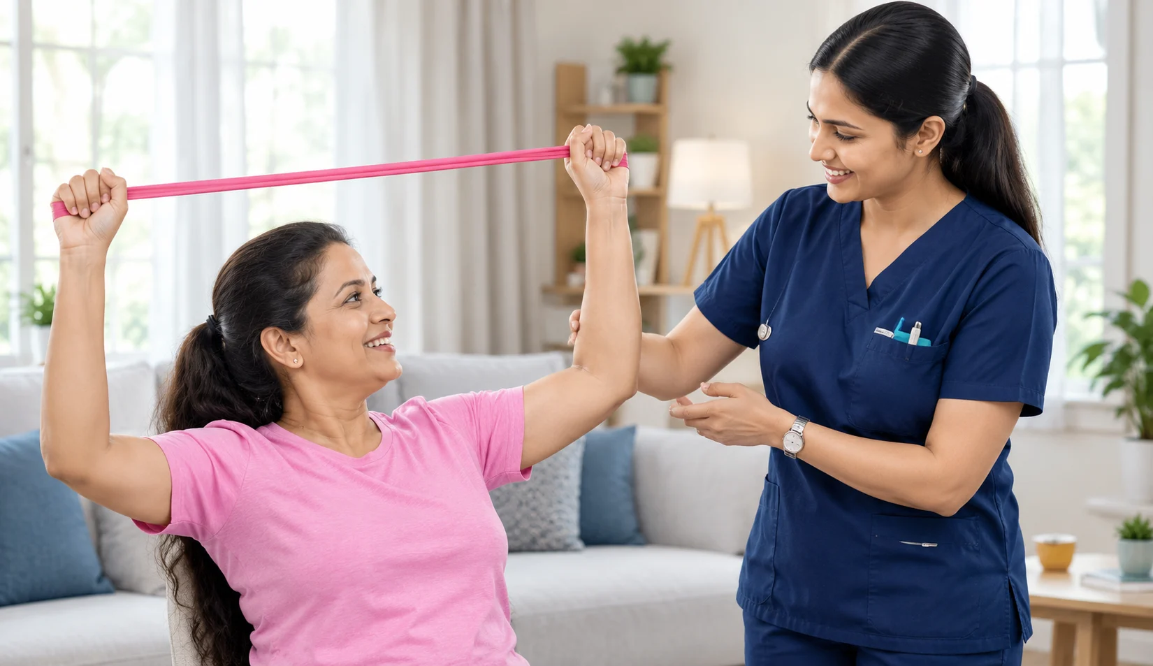 Physiotherapist guiding a resistance band exercise at home