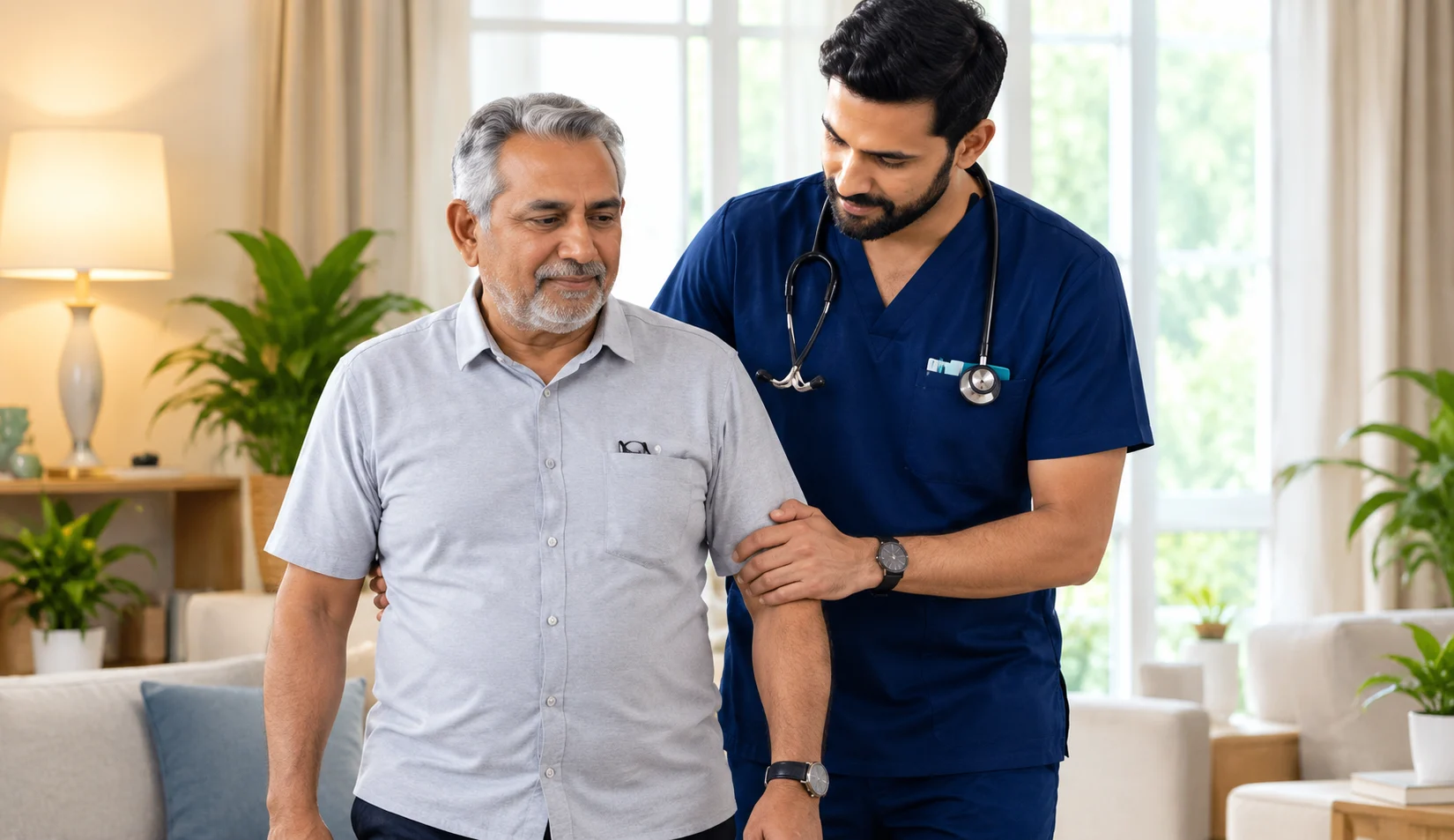 Nurse supporting a patient who is regaining independence