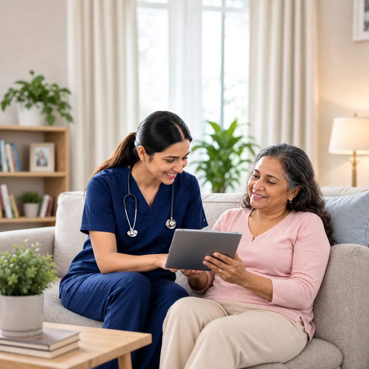 ESH800 nurse reviewing a personalised recovery plan on a tablet with a patient at home